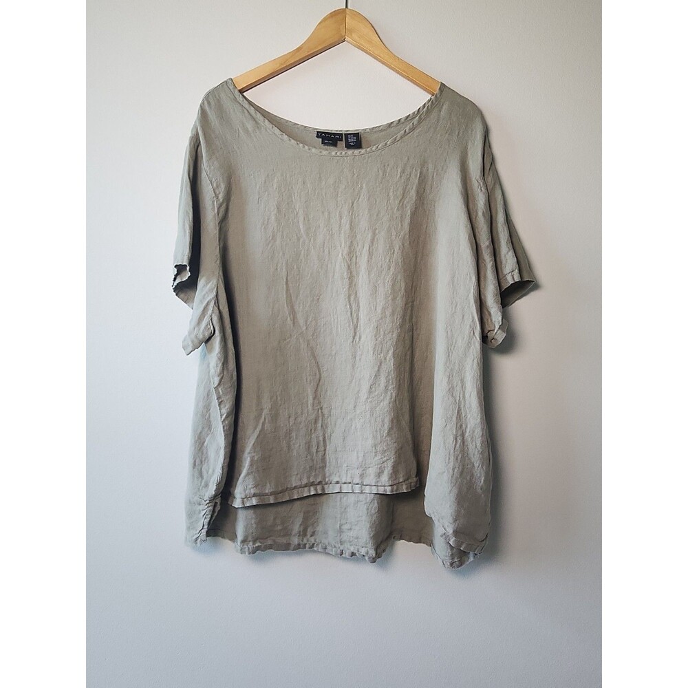 TAHARI 3X Olive 100% Linen Short Sleeve HiLow Top Festival Lagen Boho Minimalist